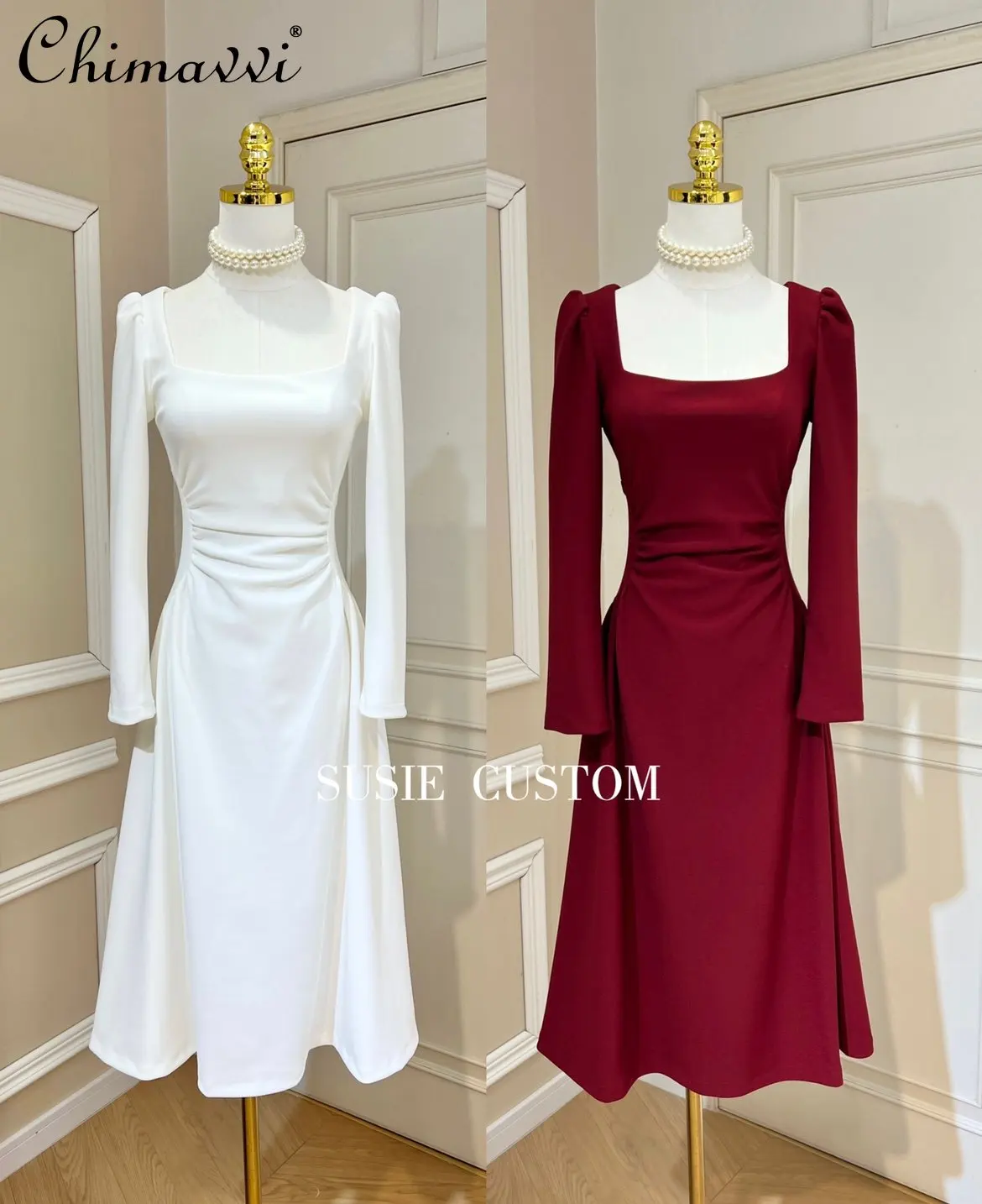 

French Bubble Long Sleeve A- Line Large Hem Dress Women's Spring 2023 Retro Square Collar Pleated Waist Tight Mid-Length Dress