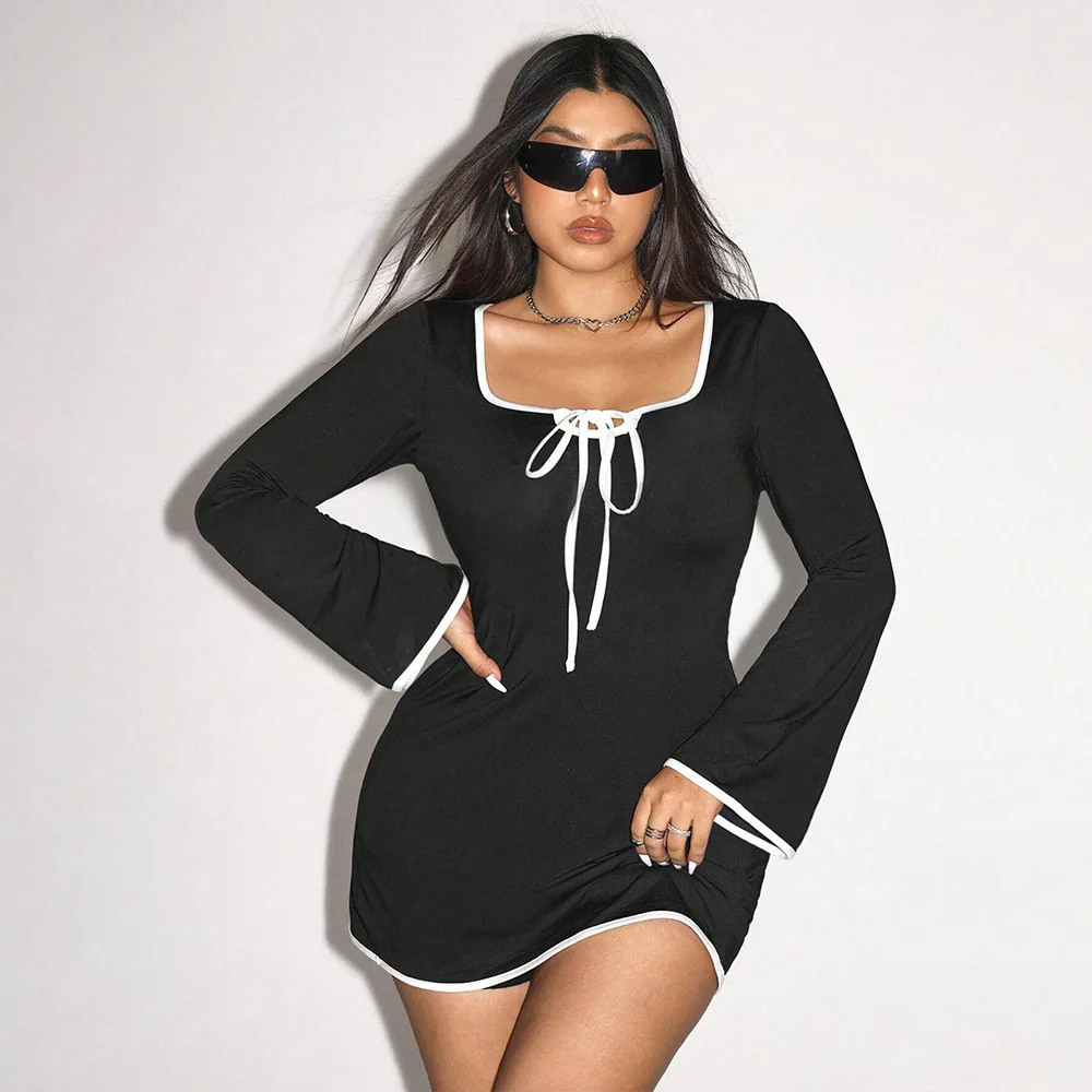 

International Station Plus Size Women's Pure Desire Sweet and Spicy Style Dress Autumn and Winter New Item Square Neck Flared
