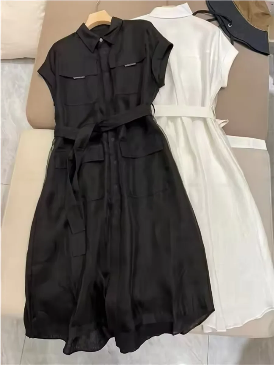 คุณภาพสูงฤดูร้อนสุภาพสตรีผ้าไหมแขนสั้นชุดความยาวกลาง A-Line Dresses