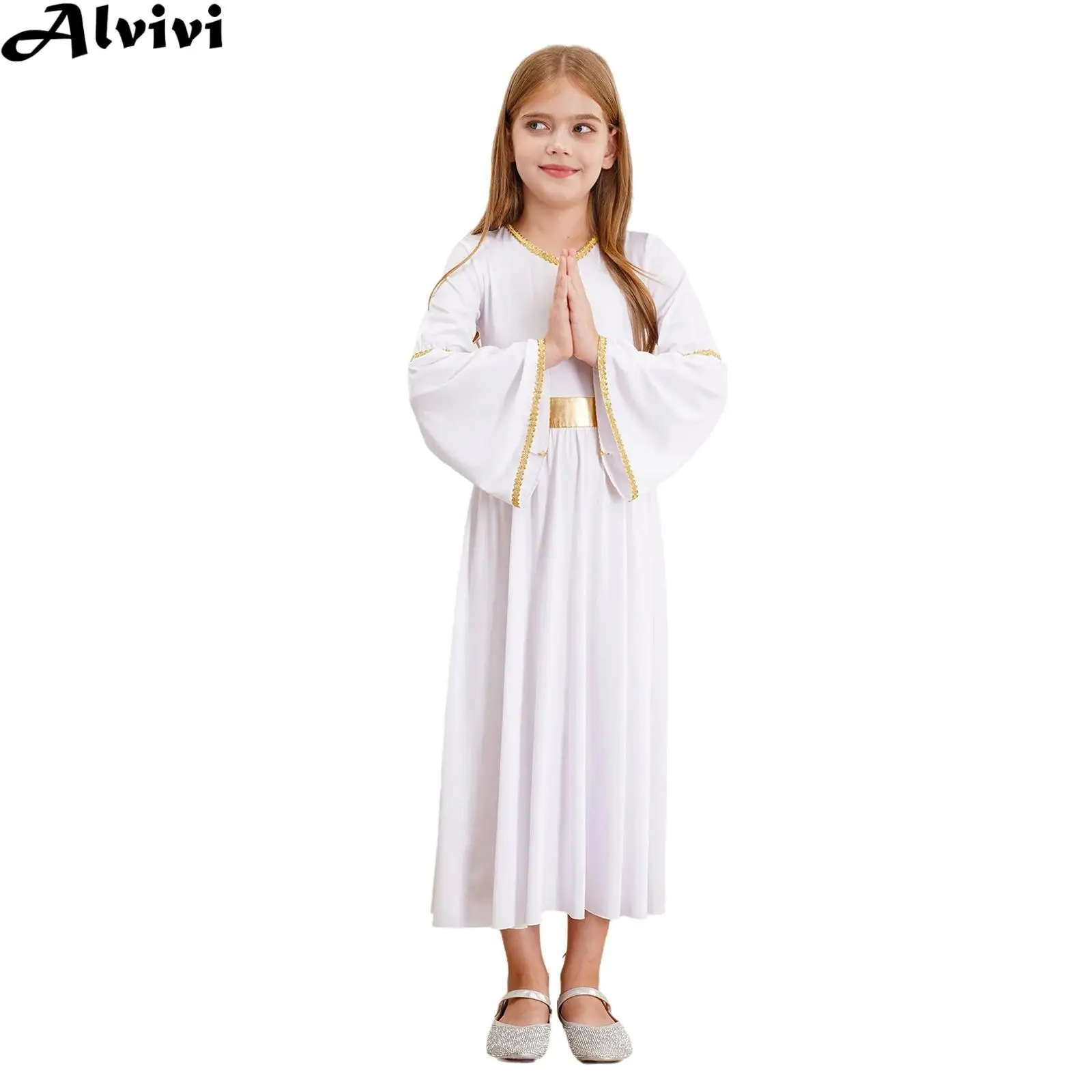 فستان رقص غنائي للأطفال البنات، فستان جوقة الكنيسة، رداء توجا للهالوين، آلهة الملاك، أزياء تنكرية بأكمام طويلة، فستان الأميرة
