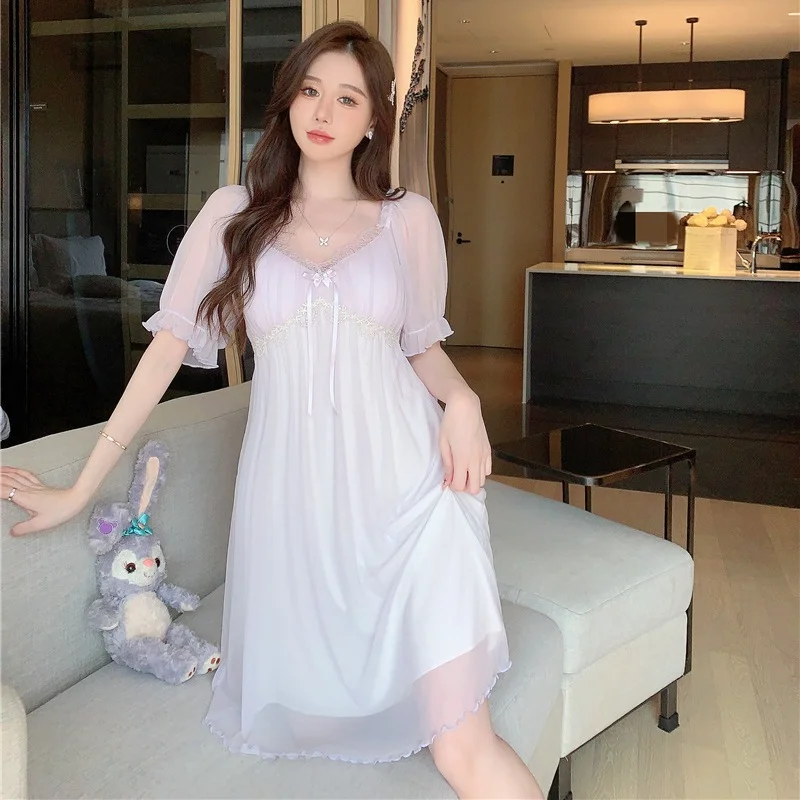 Sweet Mesh Night Dress Princess Sleepwear Nightwear Lace Sexy V Neck Half Sleeve Nightgown Fairy Women Loose Cute Nightdress