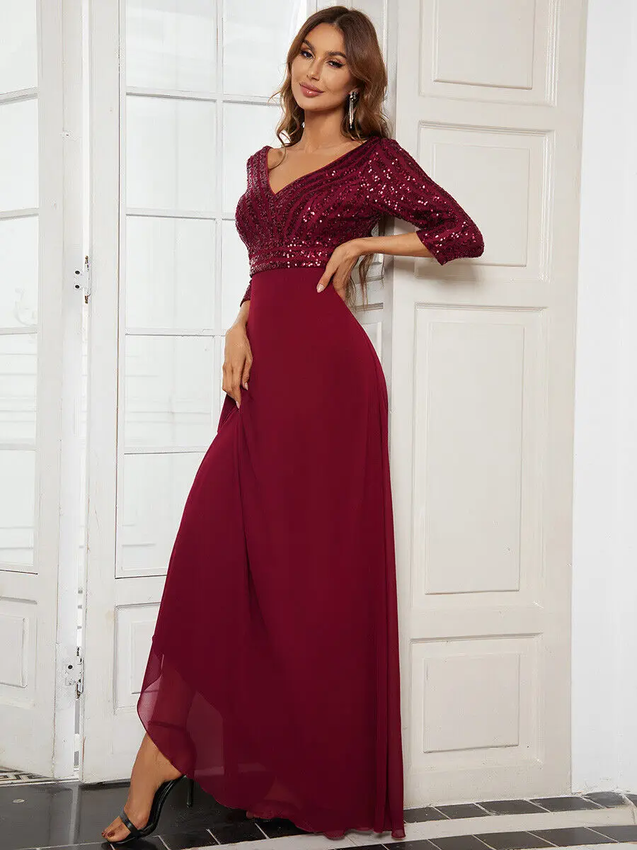 Bridesmaid Dress New Middle Eastern Women's Chiffon Double V-neck Long Skirt A-line Big Swing Sequined Splicing Evening Dress