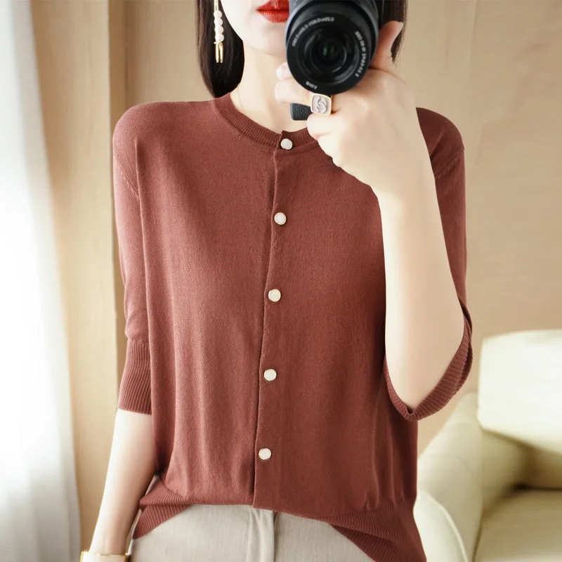 Spring Summer Rayon Cool Sweater Woman O-neck Three Quarter Cardigan Fashion Casual Knitted Tops Solid Color Sweater