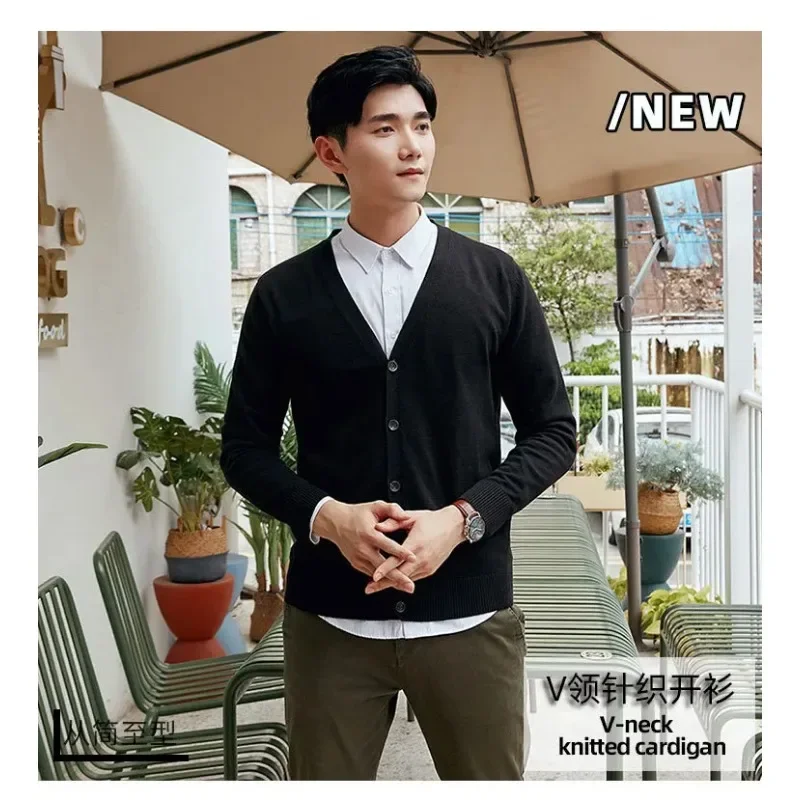 Men Spring Autumn New Cotton Knitted Cardigan Slim Long Sleeve Korean Version Men's Fashion V-Neck Sweater Simple Casual Coat