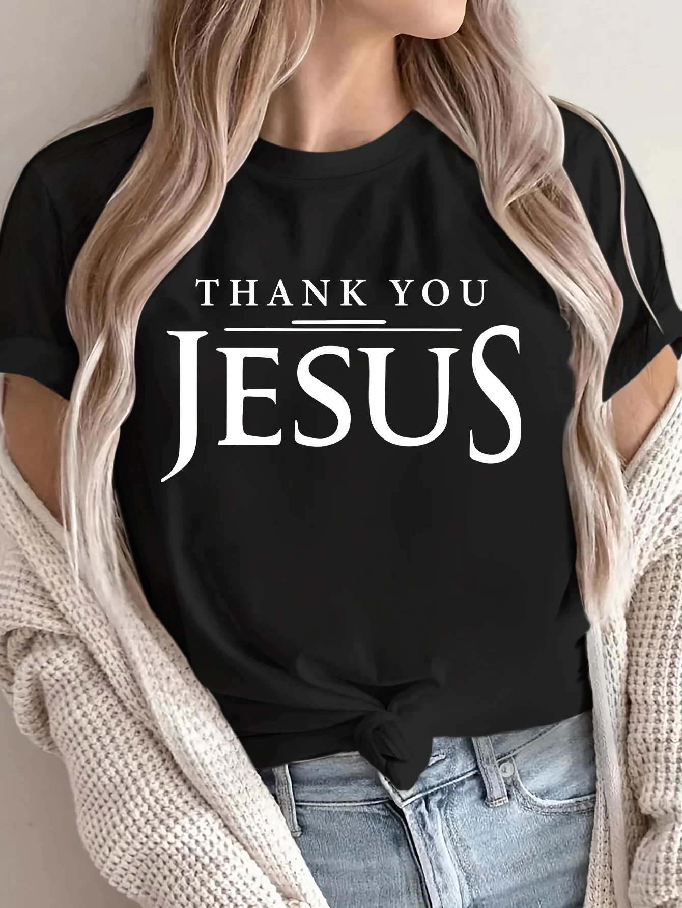 

Women's Thank You Jesus Print T-Shirt Round Neck Short Sleeve Cotton Tees Retro Hip Hop Y2k T-shirt Summer Women Clothing
