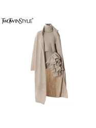 TWOTWINSTYLE Three Piece Set For Women Lapel Long Sleeve Coat High Neck Vest High Waist Patchwork Appliques Skirt Sets Female