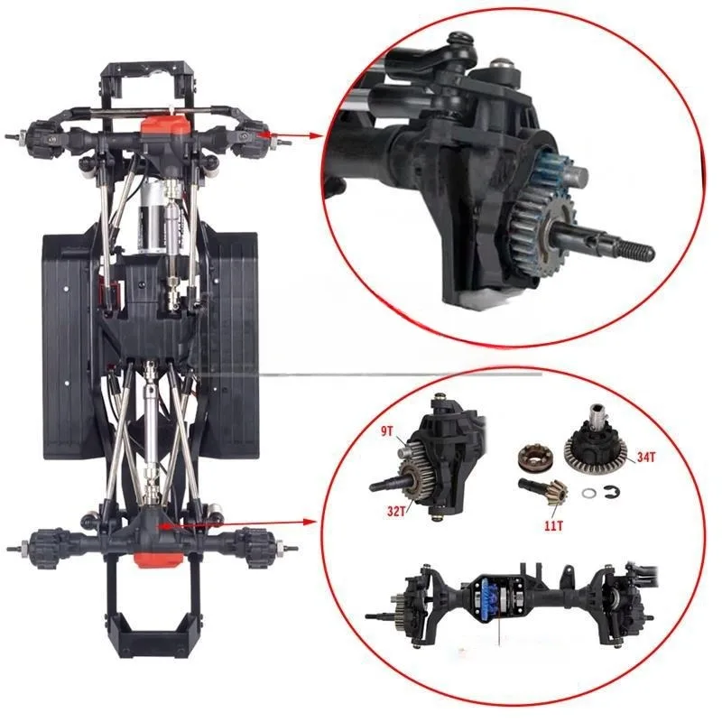 TRX4/SCX10/GEN8 1/10 RCクローラーアップグレードパーツ用のディファレンシャルロック付きメタルフロント/リアポータルアクスル、地上高を向上
