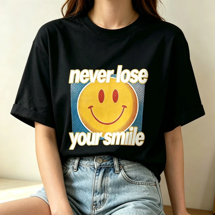 Vintage Comic Style Smiley Face T Shirt for Women Never Lose Your Smile Positive Quote Casual Everyday Summer Outfit O Neck Tee