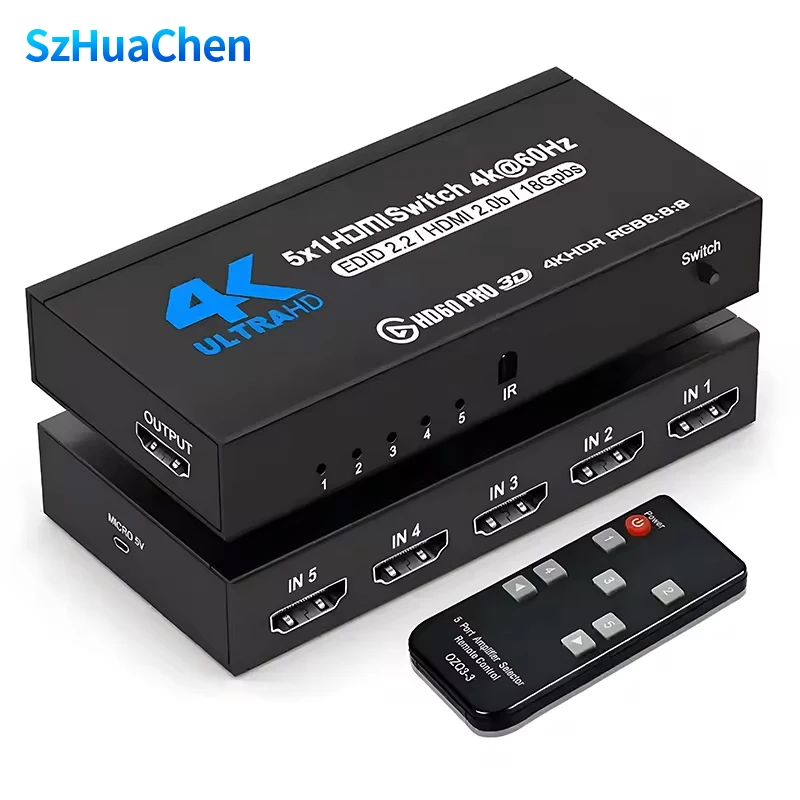 5 Port HDMI-Compatible Switch 4K@60Hz HDMI-Compatible 2.0 5x1 Switcher Audio Video Converter 5 In 1 Out Support HDR & HDCP 2.2
