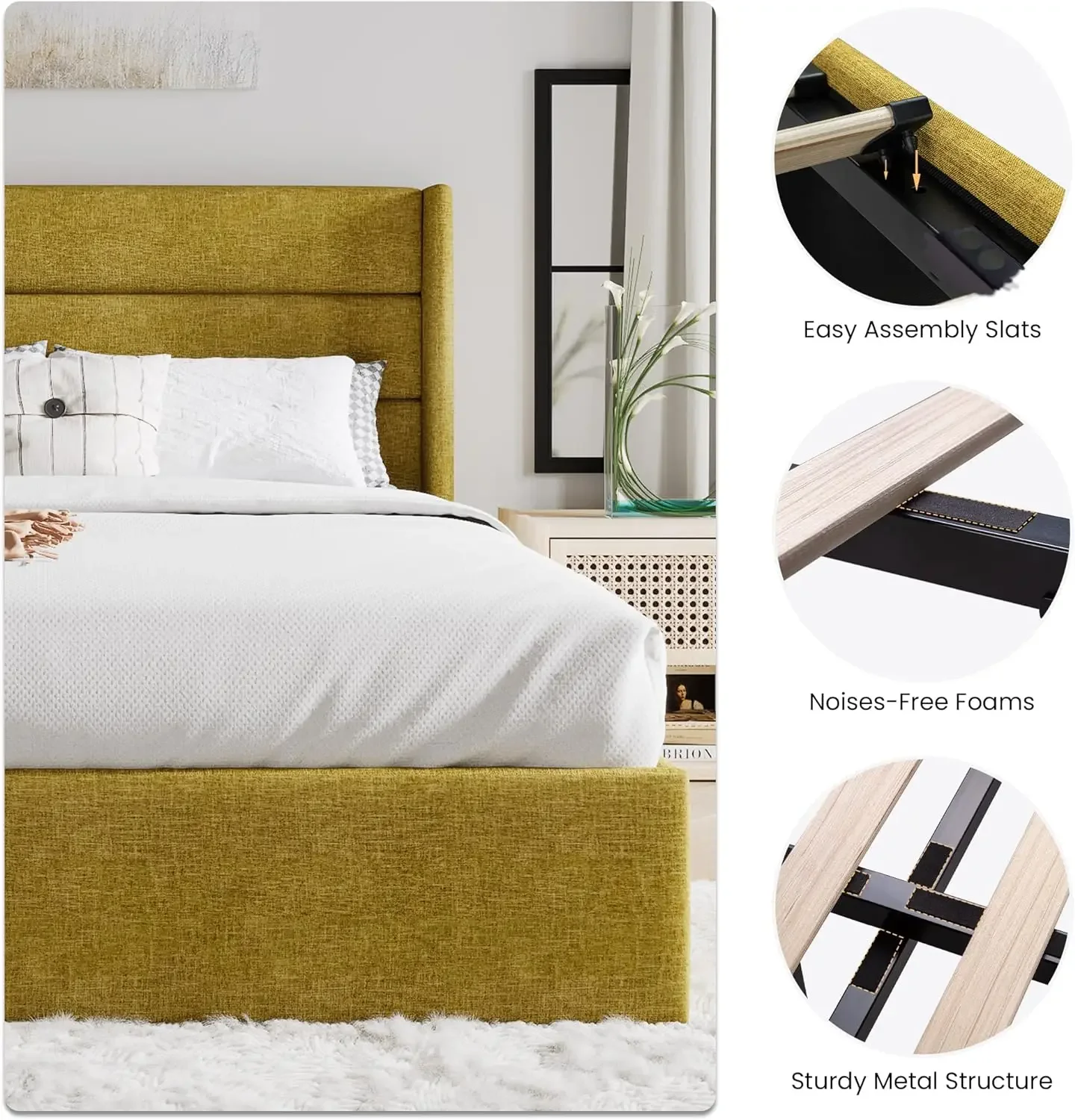 King Size Lift Up Storage Bed/Modern Wingback Headboard/Hydraulic Storage/Olive Yellow image 4