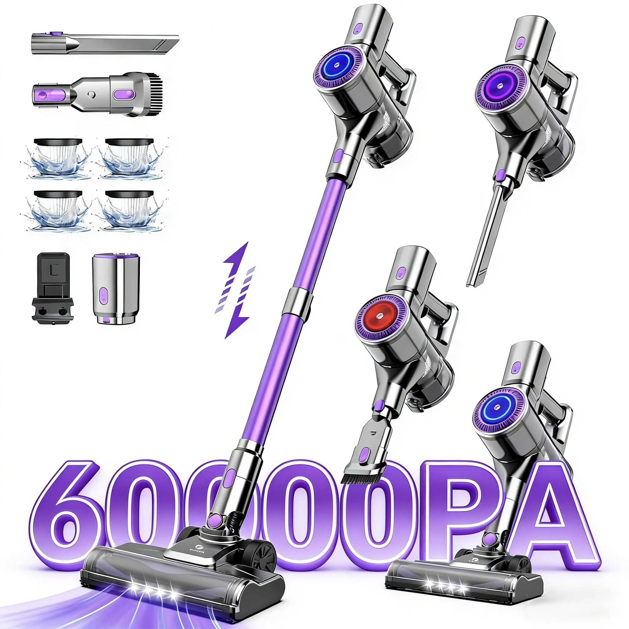 Cordless Vacuum Cleaner 400W/60Kpa 60Mins Stick Vacuum With LED Display Self-Standing Wall Charging Vacuum Pet Hair Carpet
