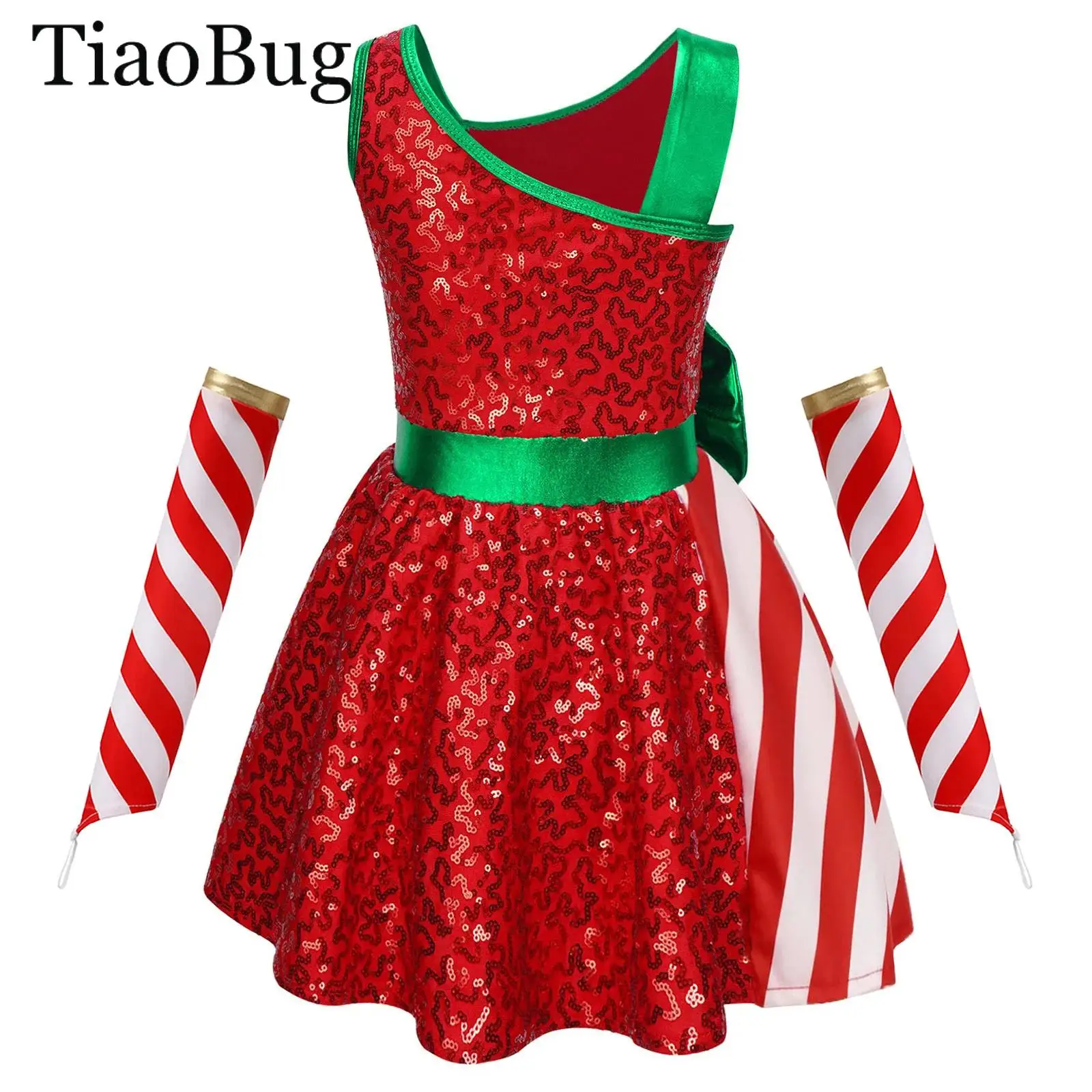 

Girls Sequin Christmas Dance Costume Xmas Santa Clause Leotard Jumpsuit Candy Cane Bowknot Striped Ballet Tutu Dress Oversleeves