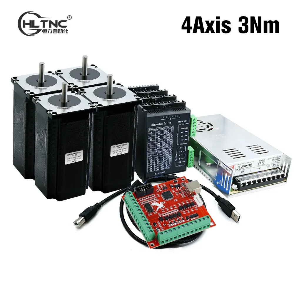 HLTNC 4 Axis kit 3A 3N.M Nema23 425 Oz-in Stepper motor TB6600 driver+350W power supply MACH3 Controller card For CNC Engraver