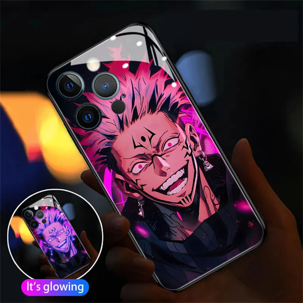 2024 Top Cool Anime Design LED Light Up Glass Phone Case Back Cover For iPhone 16 15 14 13 12 11 Pro Max XR XS Plus SE2020