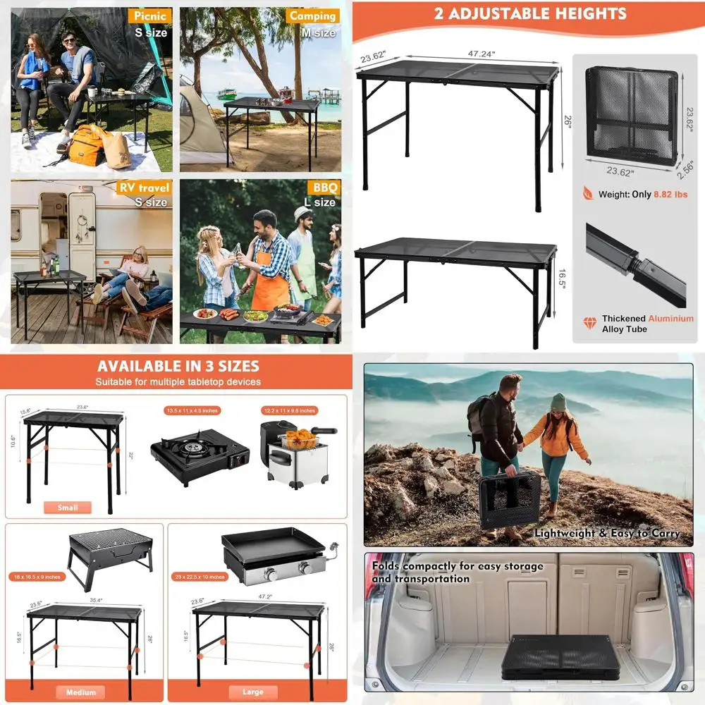 

Portable Adjustable Height Outdoor Camping Table with Mesh Top for Grilling, Cooking, and Picnics - 4 in Black
