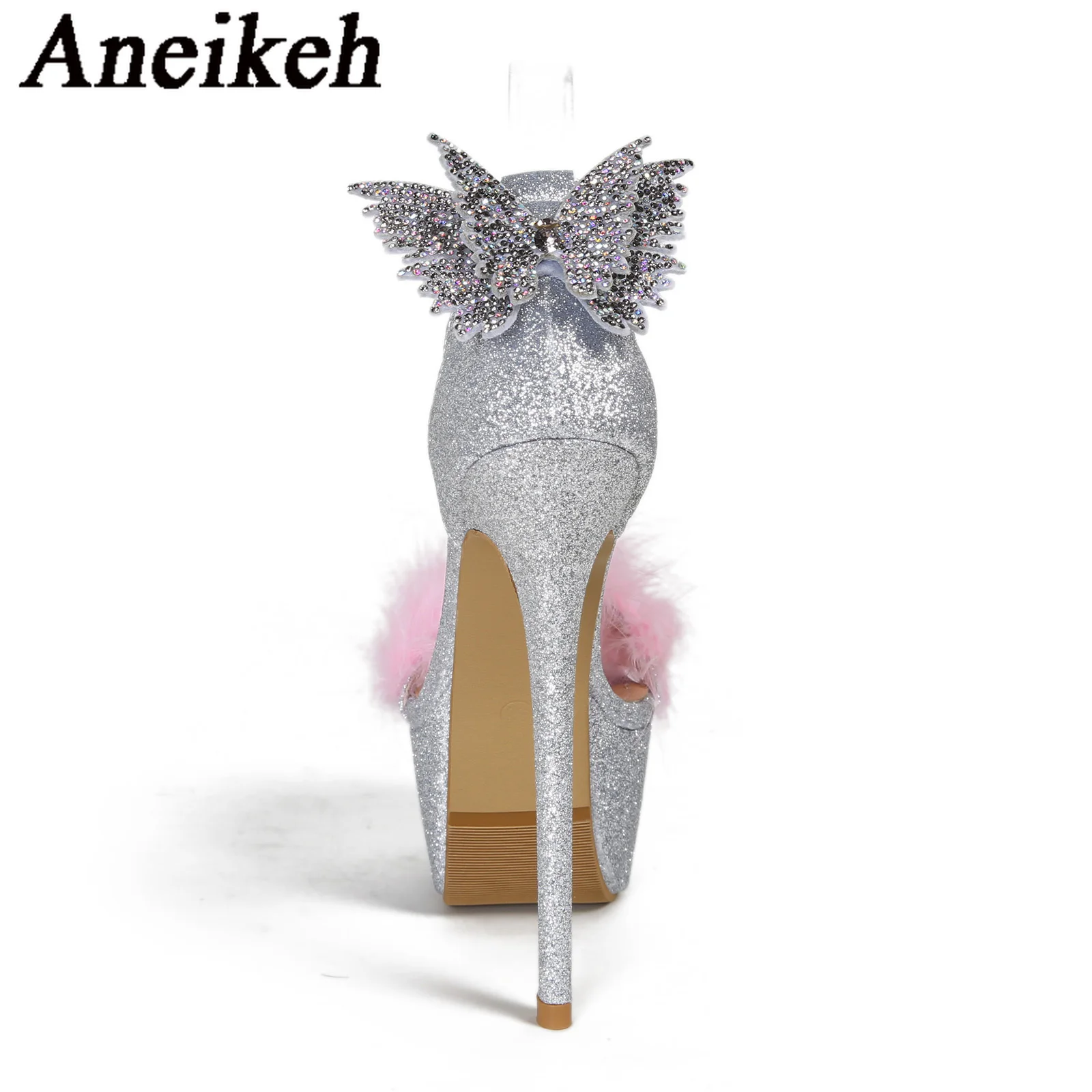 Aneikeh-Sandalias con plataforma de plumas de tela con lentejuelas para mujer, zapatos de fiesta con hebilla, Punta abierta, nudo de mariposa, cubierta de tacón, Sexy, Verano