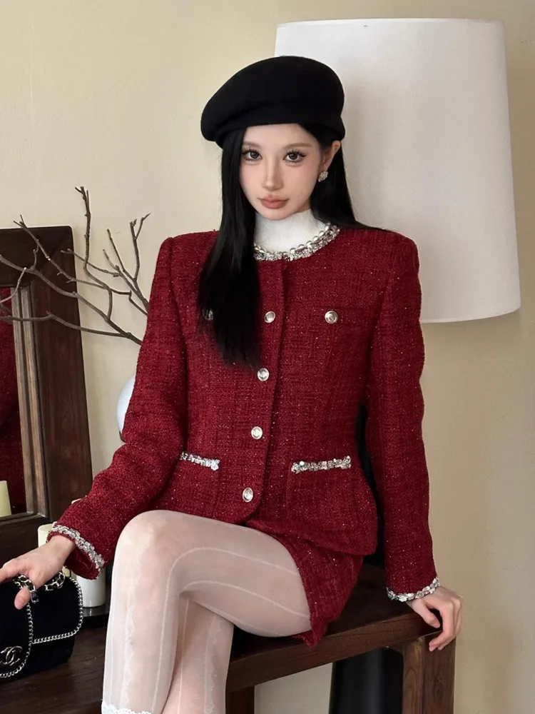 جودة عالية أزياء تويد الدعاوى النساء الحلو شيك سترة معطف + تنورة قصيرة 2 قطعة مجموعات الإناث الفرنسية أنيقة قطعتين وتتسابق #5