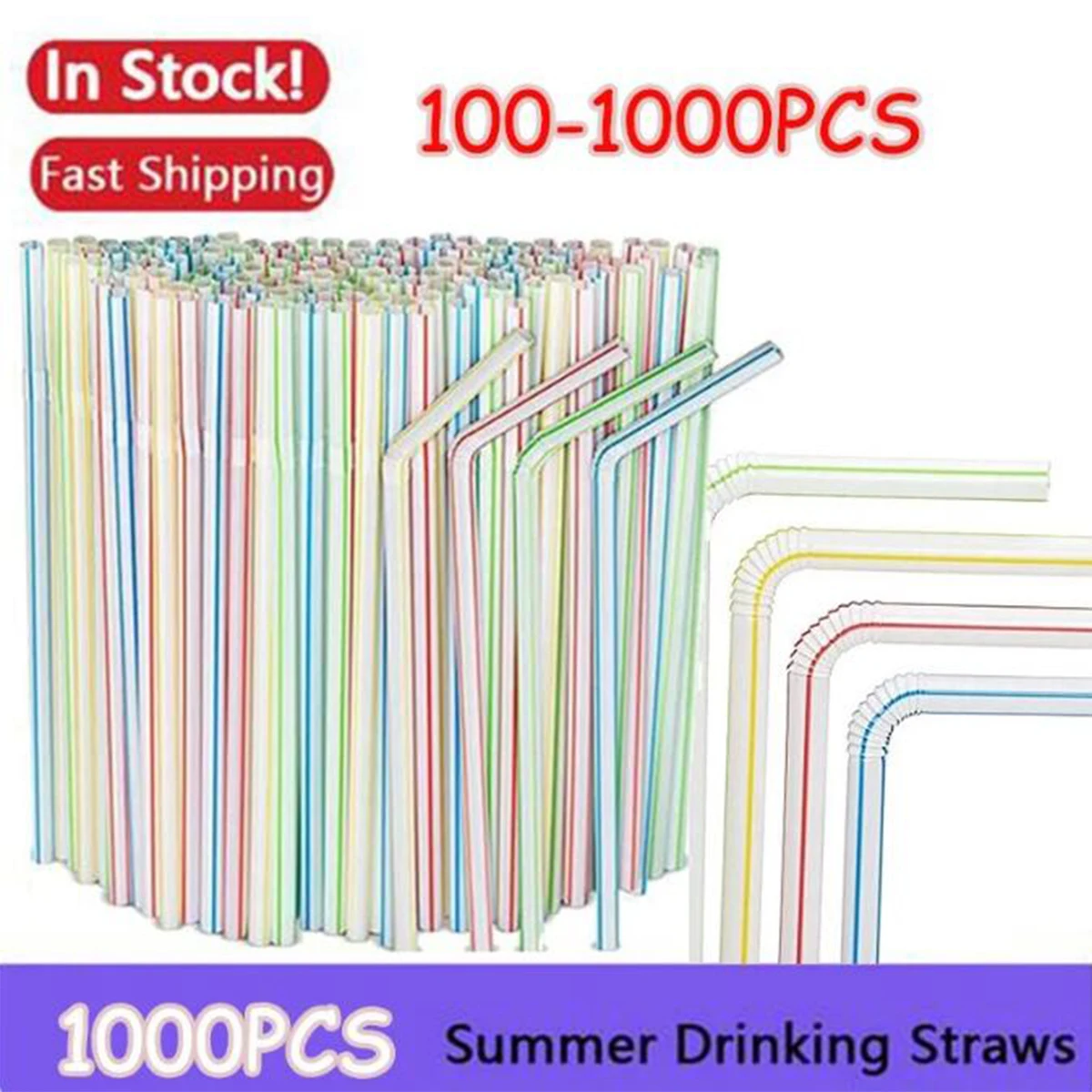 

100-1000PC Fluorescent Plastic Bendable Drinking Straws Disposable Beverage Straws Wedding Decor Kitchen Beverage Party Supplies