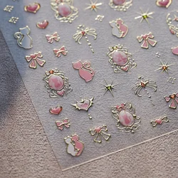 5D Sweet Pink Cat Lover Jelly Heart Ribbon Mirror Shiny Asterism Gold Edge Adhesive Nail Art Stickers Decals Manicure Ornaments
