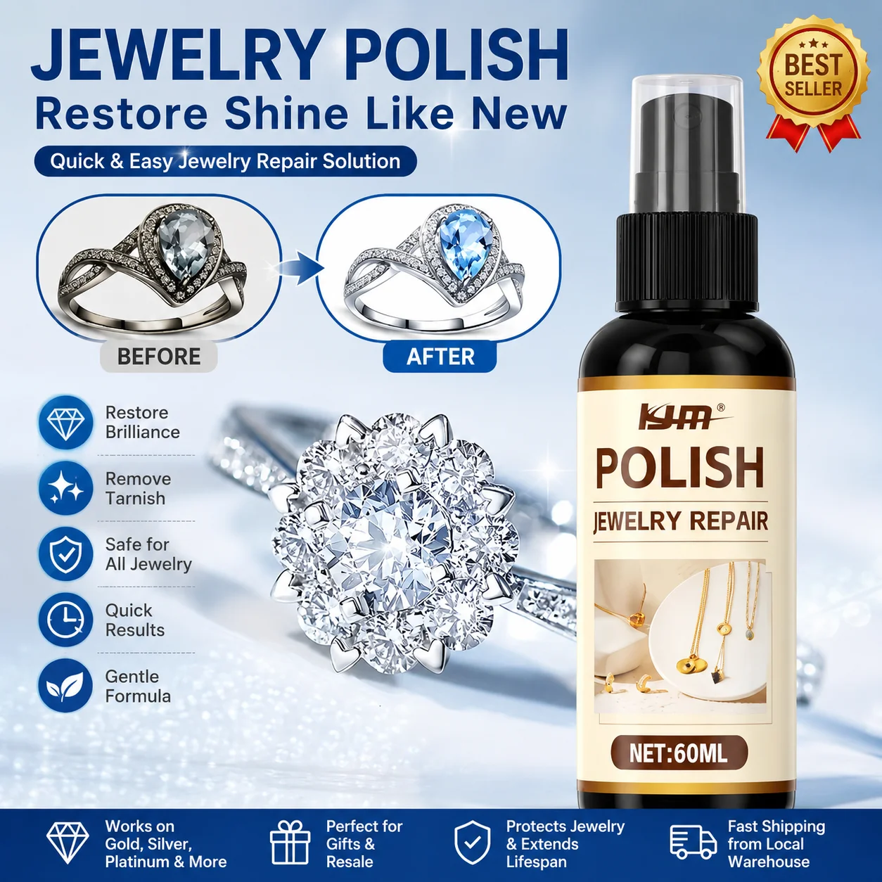 2-in-1 Jewelry Oxidation Remover: Gentle Non-Abrasive Cream, Restores Silver Rings/Bracelets  Home/Travel Gift for Lovers