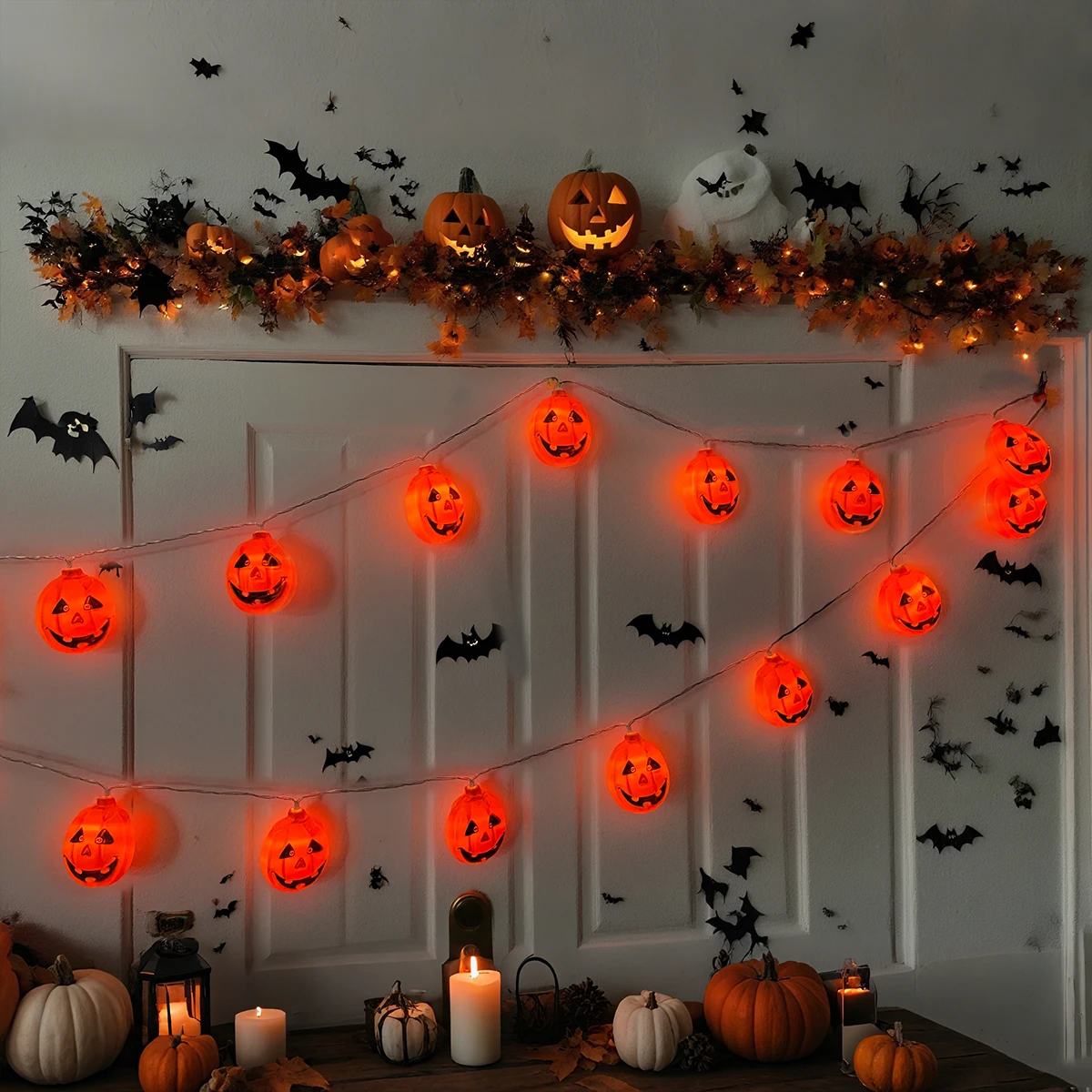 Pop 1pc 10/20 LED Halloween Horrible Flat Pumpkin String Light Battery Powered For Home Bedroom Garden Festival Party Decoration