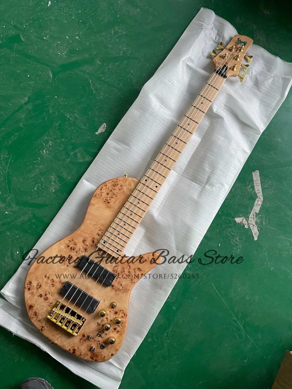 Custom 5 string natural bass guitar fixed bridge, maple neck through ash body, Burl maple top, mini switch, active battery