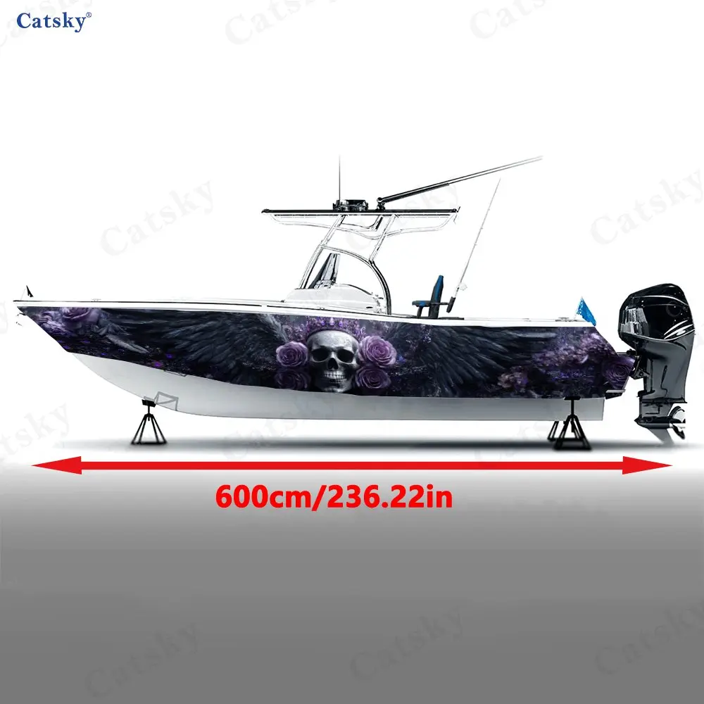 Purple Rose Dark Wing Skull Boat Sticker, PVC Waterproof Durable Vinyl Wrap Decals for Fishing Boats, Durable and Stylish Design