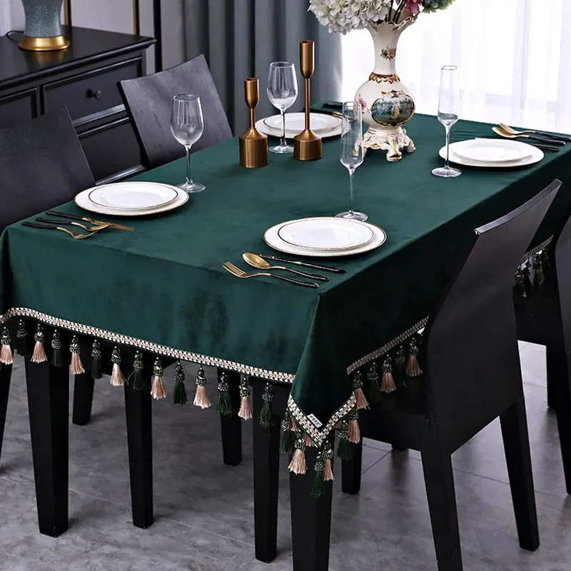 Eifloy-Vintage Green Tablecloth for Table, Rectangular, Velvet Dining Party Square Table Cover, with Tassels, Soft  Table Cloth