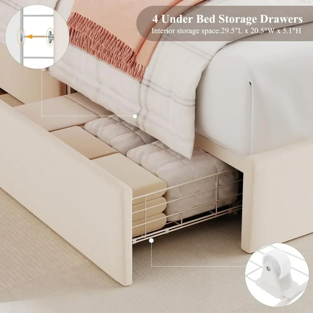 LED Queen Bed Frame with Storage Headboard & Charging Station，4 Drawers and USB Ports，No Box Spring Needed，Velvet Bed Frame