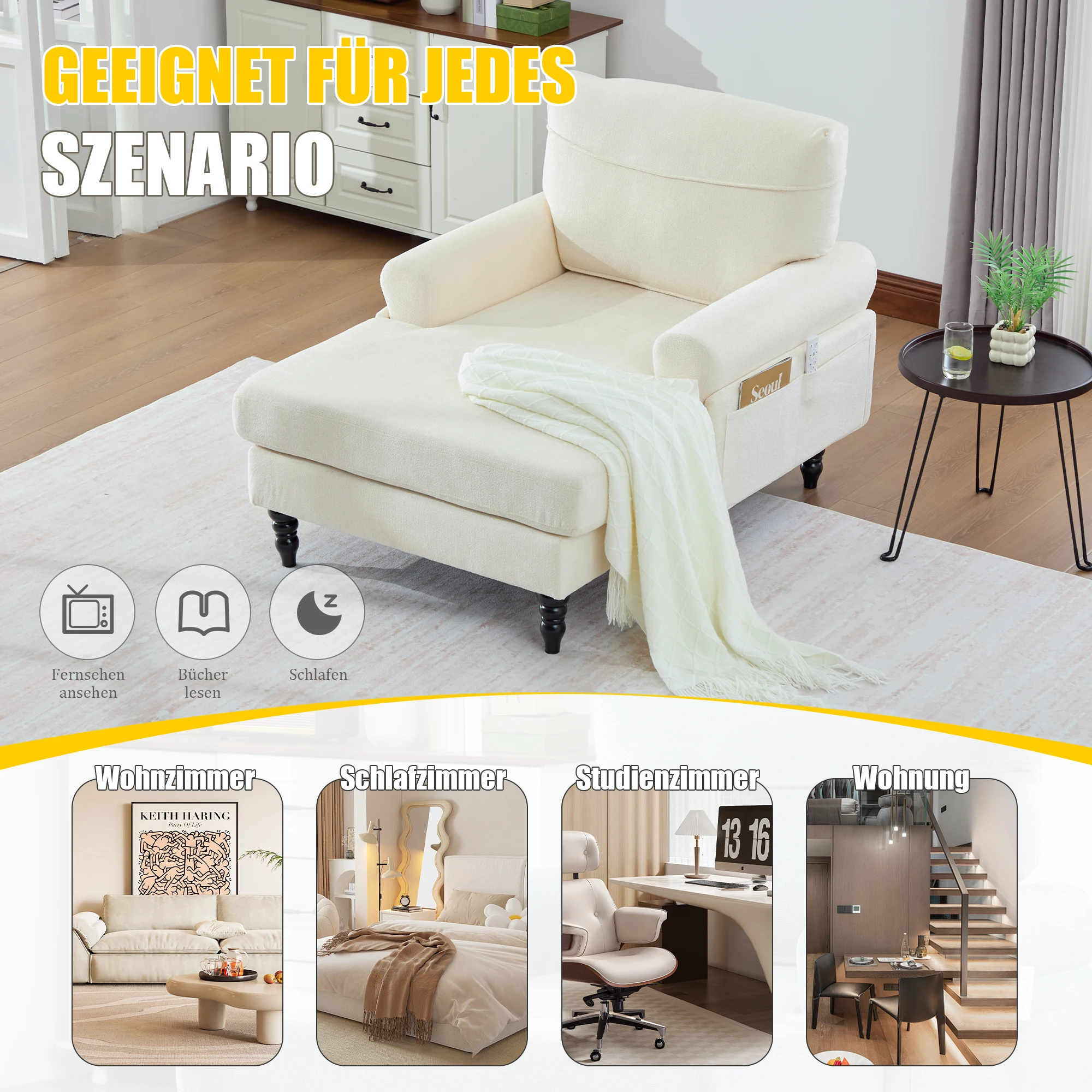 Moderner minimalistischer Samt-Loungesessel, Schlafzimmer-Einzelsofa mit Holzbeinen, bequemer Rückenlehne und Armlehnen – Detail 6