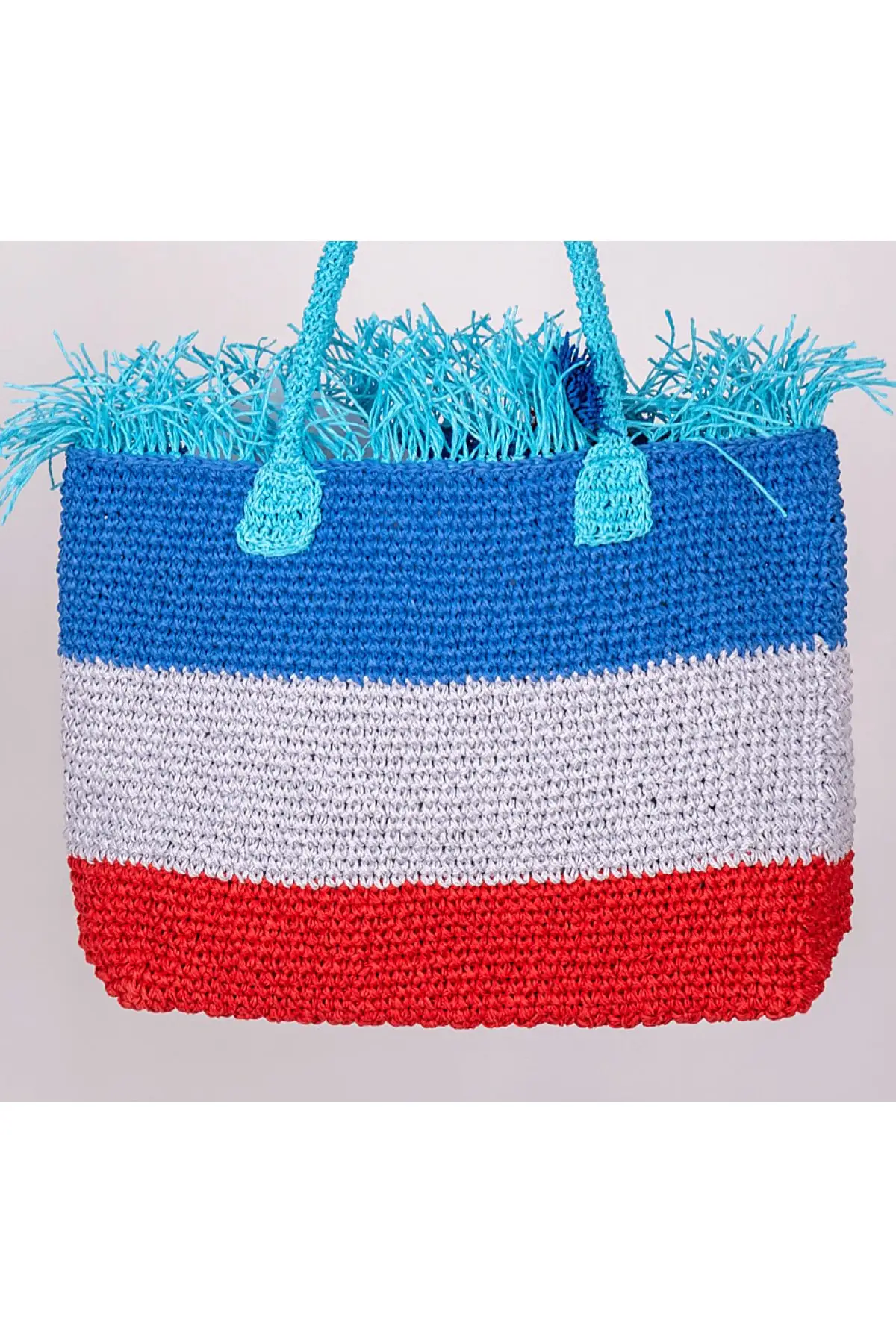 

Uras Women Blue Tassel Detail Handmade Knitted Straw Bag Women bag Shoulder Bag Handmade