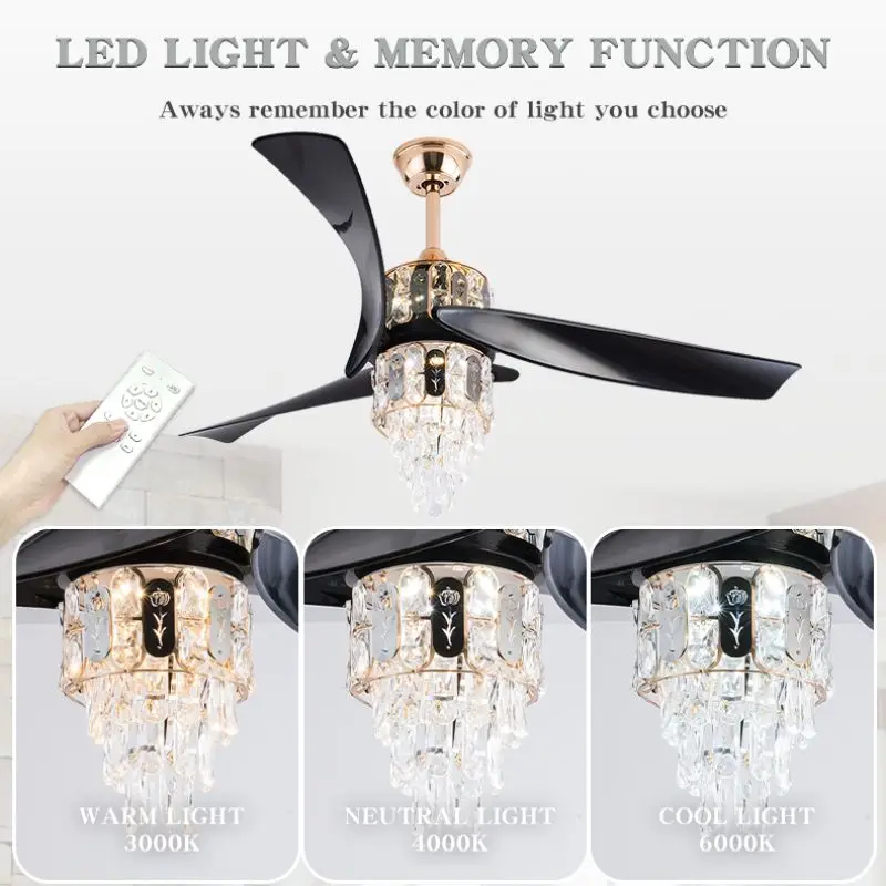 56 Inch Modern Crystal Ceiling Fan with Light Remote Control Noiseless DC Motor Indoor Electric Fan for Living room Dining room