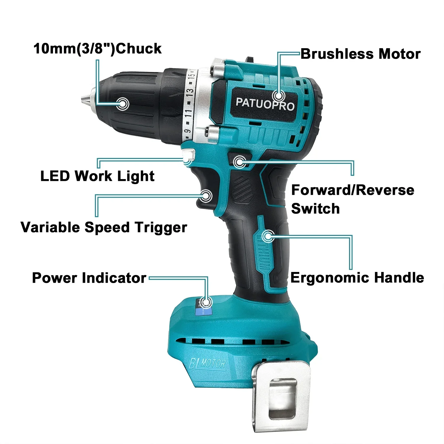 10mm Cordless Brushless Drill Electric Hand Drill Screwdriver 2 Speed 23 Torque Setting fit Makita 18v Battery (No Battery)