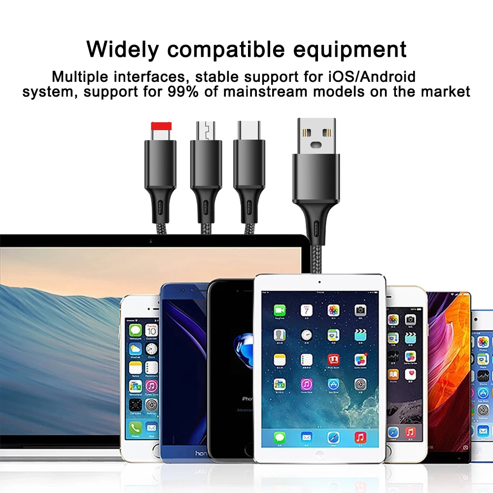 3 In 1 Micro USB Type C Charger Cable Multi Usb Port Multiple Usb Charging Cord Usbc Mobile Phone Wire For Type-C/Ios/Android