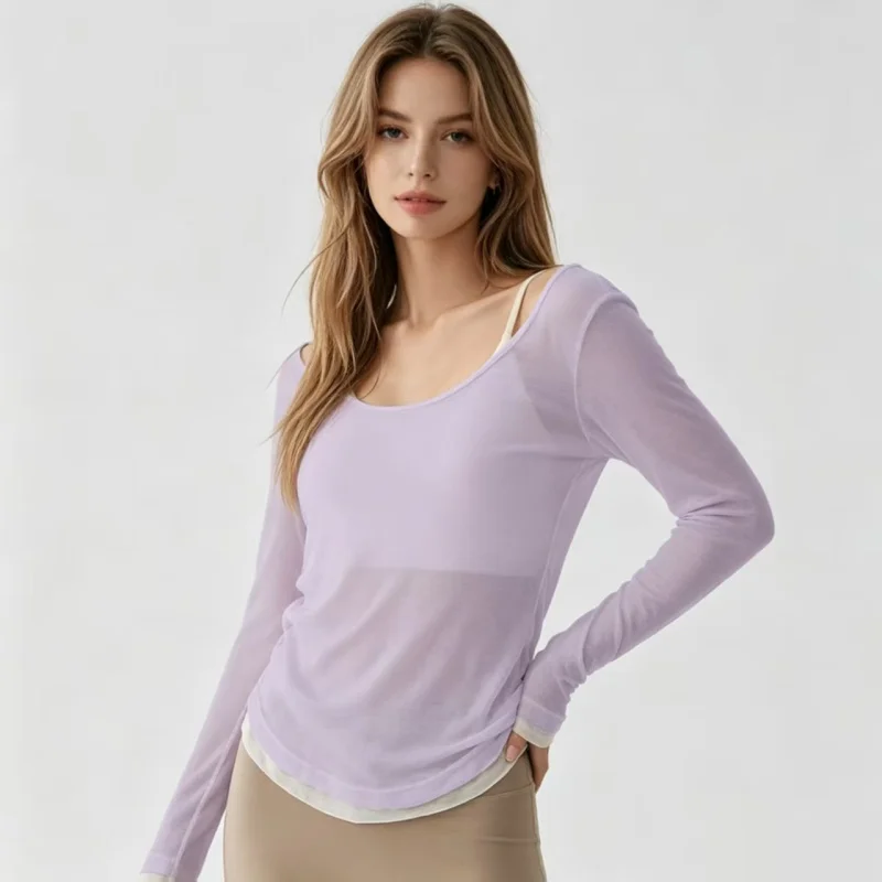 Women Yoga Long Sleeve Cover Up Tee Color Contrast U‑Tie Beauty Back Breathable Quick‑Dry Gym Pilates Fitness Workout Sports Top