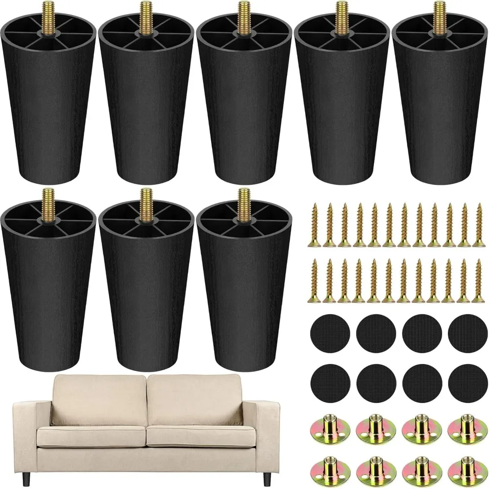 

8 Pack 4 Inch Plastic Furniture Legs with M8 T-Nuts Screws Tapered Sofa Couch and Chair Legs Replacement Furniture Legs
