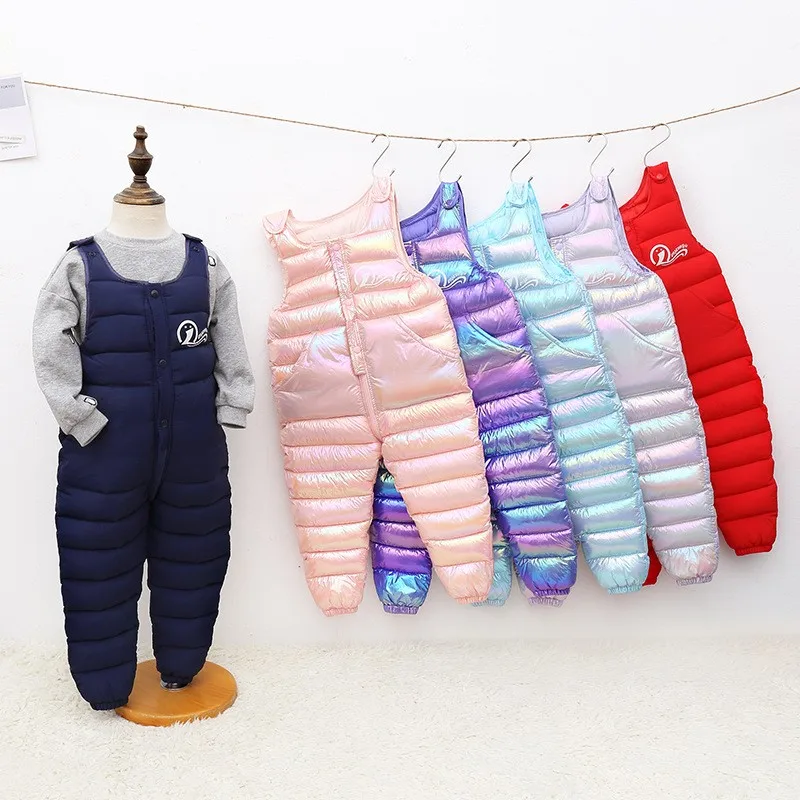 Letter Print Smooth Fabric Jumpsuit Winter Warm Overalls Pants Girls Boys Thick Down Windproof Snow Cotton Pant Children Clothes