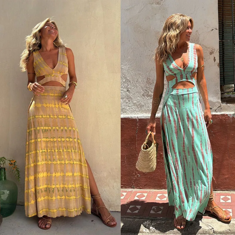 Sexy Figurbetontes V-Ausschnitt Kleid mit Taillenausschnitt und Print im Koreanischen Stil Sommer Langes Kleid aus Strickpolyester Hautfreundlich Atmungsaktiv