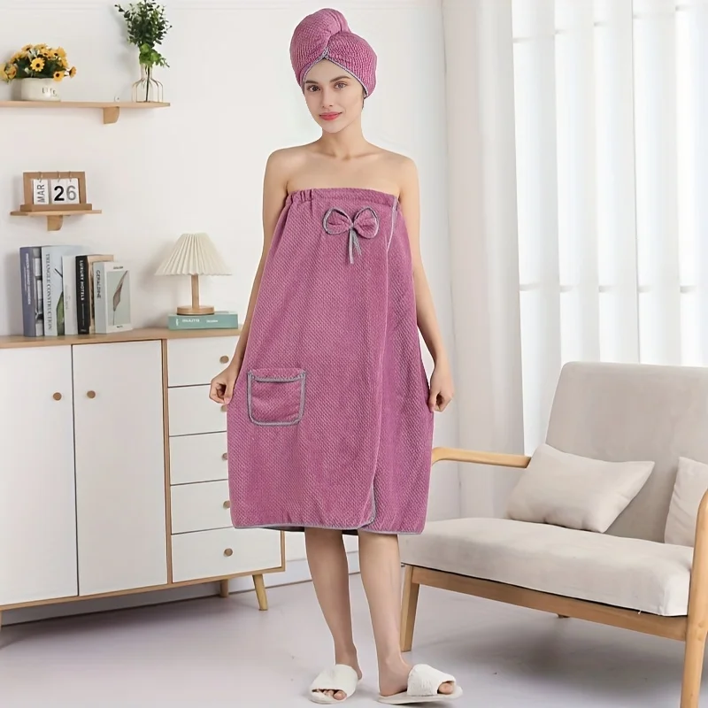 ชุดสุภาพสตรี 2 ชิ้น (หมวกอาบน้ําผ้าเช็ดตัว), ผ้าเช็ดตัวสวมใส่ได้พร้อมกระเป๋า, เสื้อคลุมอาบน้ําปรับได้นุ่มพิเศษ, ห้องน้ําชายหาด Sw