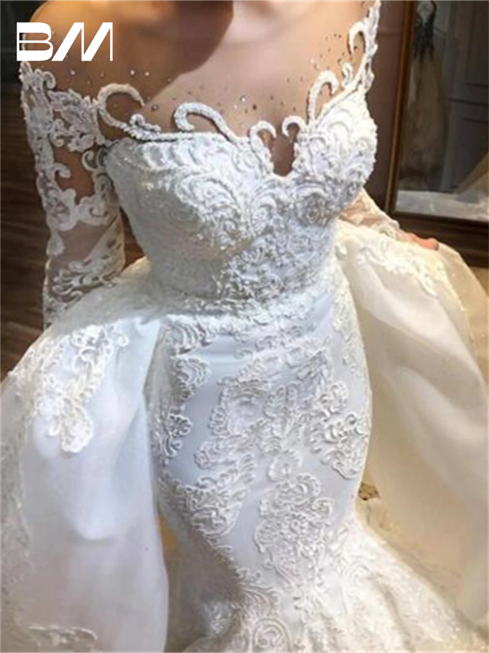 Árabe Mangas Compridas Lace Vestidos De Casamento para As Mulheres Sereia Customized Detahcable Train Bride Dress Sheer Cathdral Bridal Gown