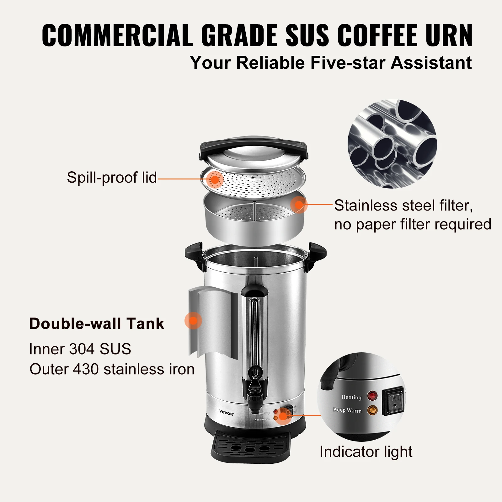 VEVOR 65/110 Cups Stainless Steel Coffee Thermos Urn Commercial Hot Water Dispenser for Camping Fast Brewing Easy Cleaning