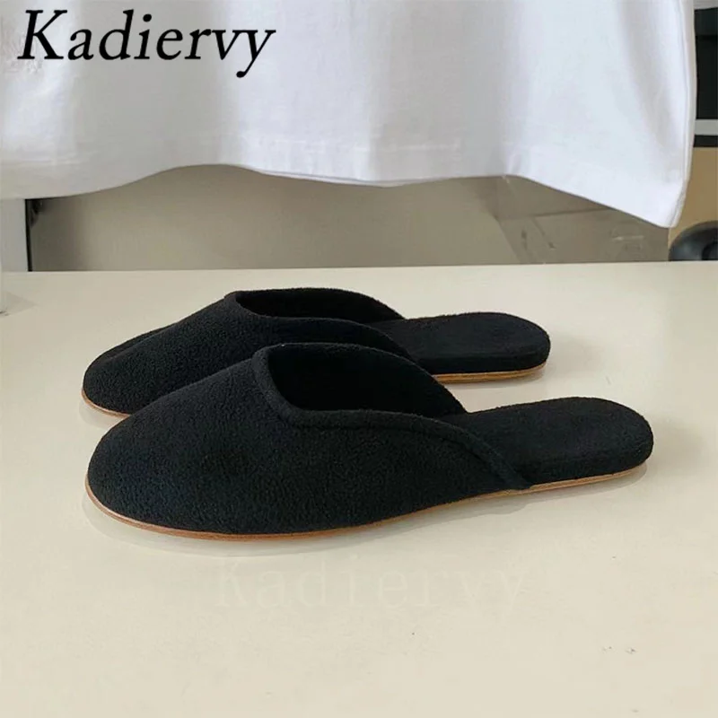 Summer New Slippers Woman Round Toe Genuine Leather Flat Slides Street Style Outdoor Leisure Mules  Comfort Half Slippers Women