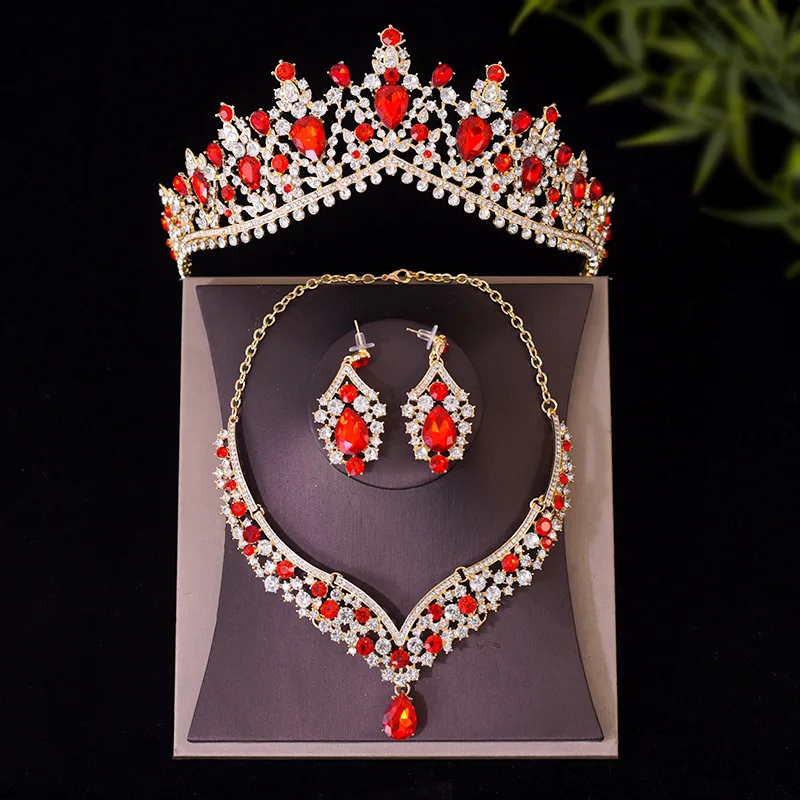 DIEZI 4 Style Elegant Bridal Crown Women Gilrs Wedding Princess Queen Korean Red Crystal Tiaras Necklace Earrings Jewelry Sets