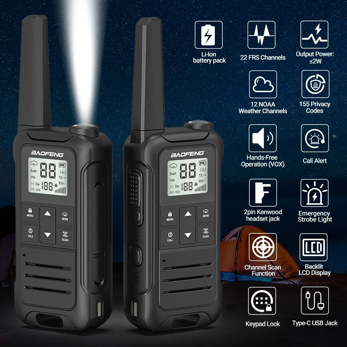 Baofeng-F22 Mini Walkie Talkie, PMR, FRS, Long Range, Recarregável, Portátil, Crianças Rádio em Dois Sentidos, Tipo-C Carregador para Camping Trip,