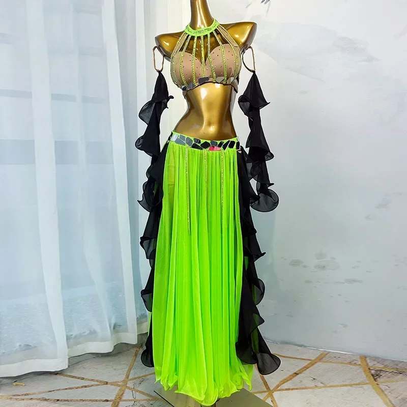 Egyptische Dans Elegante Popsong Wedstrijd Buikdans Kostuum Oosterse Dans Strass Kralen Bh Riem Maxi Rok Nieuw Ontwerp