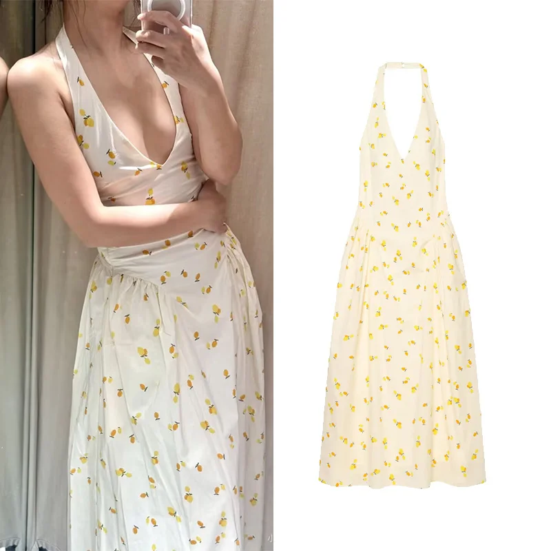 

Women's Fruit Print Mini Dress New 2026 Summer Elegant Women Sleeveless V-Neck Side Zipper Halter Dress Female Long Dresses
