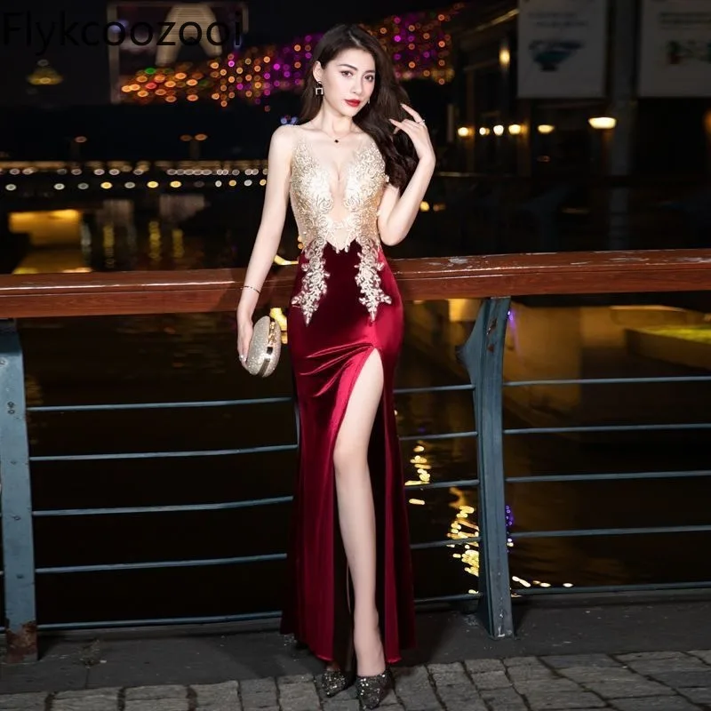 

Spicy Appliques Sheer Low-cut Velour Spliced Asymmetric Tank Dress Summer Women Wrap Hip Vent Sexy Evening Party Premium Dress