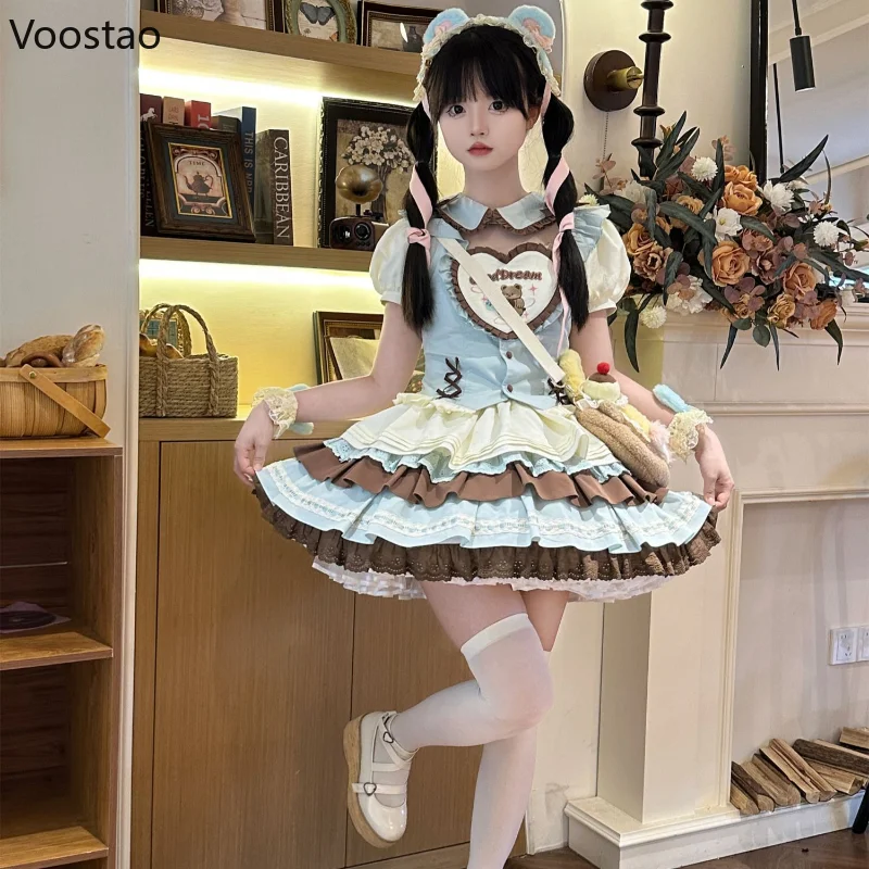 Japanese Sweet Lolita Set Women Kawaii Bow Cartoon Bear Shirt Top Cute Y2k Cake Mini Skirt Girls Harajuku Princess Dress Outfits