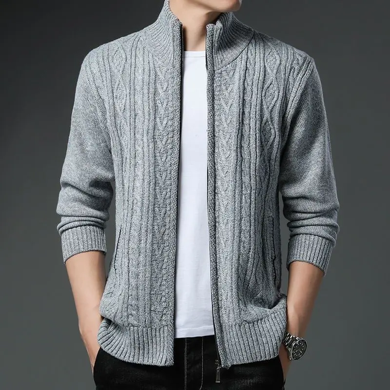 Fashion Stand Collar Zipper Solid Color Korean Cardigan Sweaters Men's Clothing 2023 Autumn Winter Loose Knitted Casual Tops