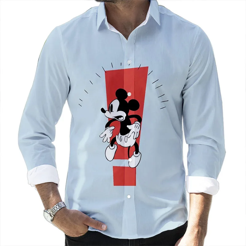 Fall Pop Disney Stitch and Mickey Collection Branded Cartoon Casual 3D Printed Long Sleeve Lapel Shirt Slim Fit Men\'s Top